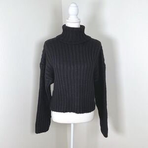 Topshop Womens‎ Black Chunky Knit Ribbed Turtleneck Cropped Fuzzy Sweater US 4-6